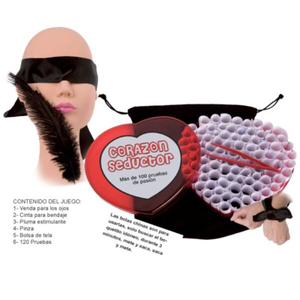 Juego erótico Diablo Picante Corazón Seductor con su estuche en forma de corazón y sus accesorios