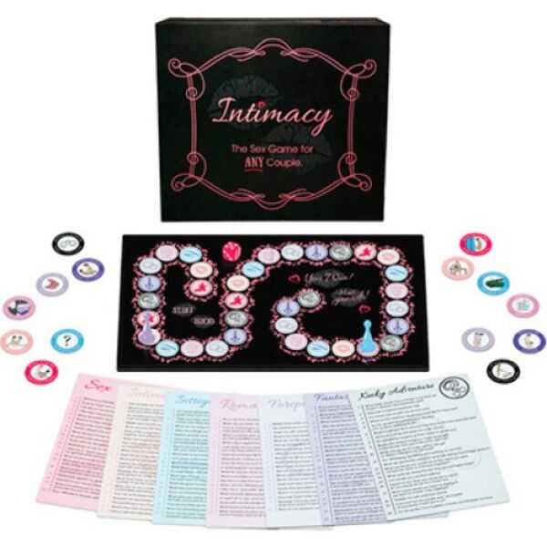 Juego de mesa Kheper Games Intimacy con su tablero, dado, fichas y monedas de recompensa