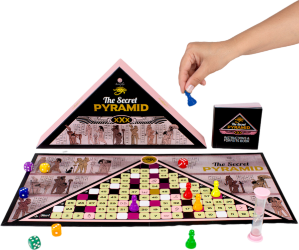 Juego de mesa erótico Secret Play The Secret Pyramid, con tablero, peones, dados y reloj de arena