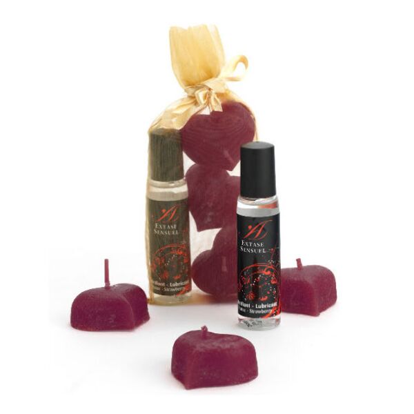 Kit Extase Sensuel Noches de Seda con sus velas en forma de pétalo y el frasco de gel lubricante de fresa