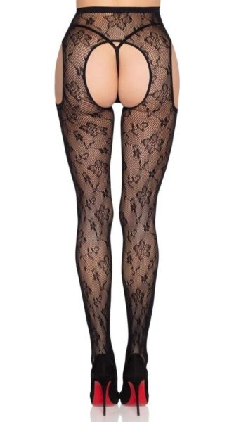 Medias panty Leg Avenue Esme 1967 de malla negra con motivo floral y efecto liguero