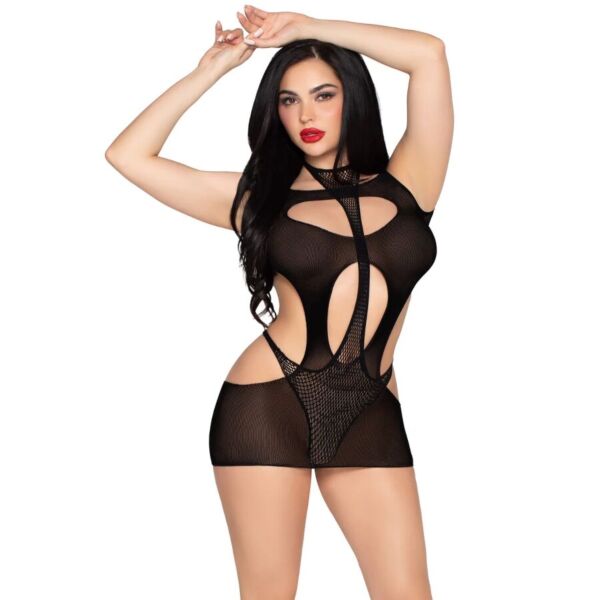 Conjunto Leg Avenue Main Stage en negro: minivestido con aberturas sobre un body de red con cuello halter