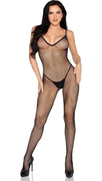 Bodystocking Leg Avenue 89375 de malla negra con acabado en crochet y abertura en la entrepierna