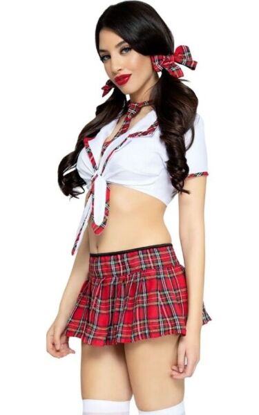 Disfraz de colegiala Leg Avenue Miss Prep School en rojo y blanco, con top corto, falda plisada de cuadros, corbata y lazos