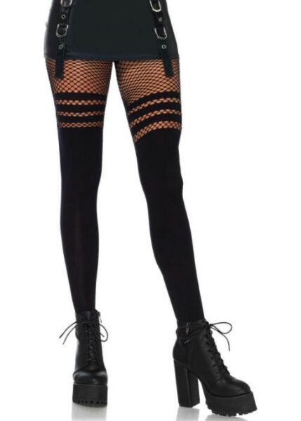 Medias panty Leg Avenue Ada en negro, opacas en la pierna y con rejilla y rayas en el muslo