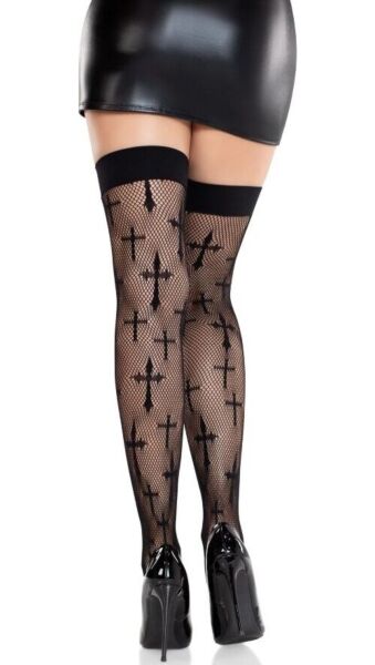 Medias de muslo de rejilla negra Leg Avenue Worship Me con cruces en el dibujo