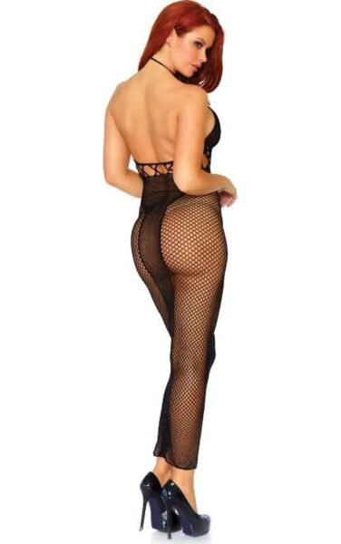 Vestido largo de rejilla Leg Avenue Power Move en negro, con cuello halter y espalda descubierta