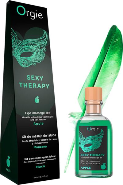 Set de masaje besable Orgie Lips Massage con aceite de 100 ml, pluma y guía de masaje