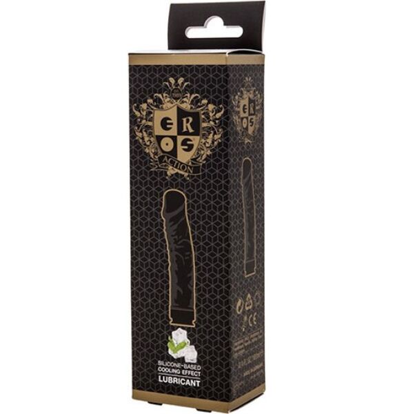 Lubricante Eros Action Cooling Effect 100 ml en su envase negro con forma de dildo realista