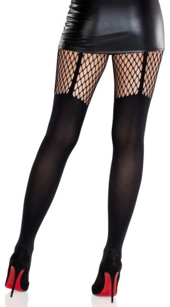 Medias panty negras Leg Avenue Jett Garter Illusion, opacas y con red en el muslo que imita un liguero