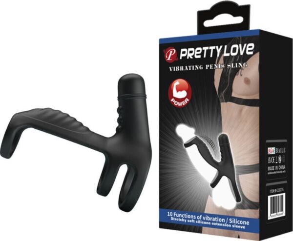 Funda elástica negra Pretty Love Vibrating Penis Sling con base de anillo y relieves