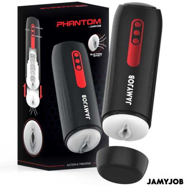 Masturbador automático Jamyjob Phantom en negro con detalles rojos