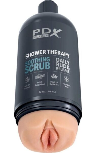 Masturbador PDX Plus Shower Therapy Soothing Scrub con forma de botella de champú