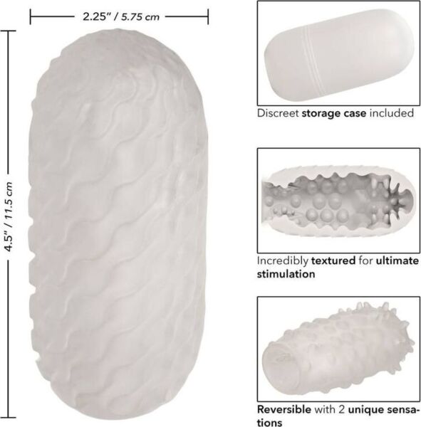 Masturbador CalExotics Boundless Reversible Nubby Stroker blanco junto a su estuche