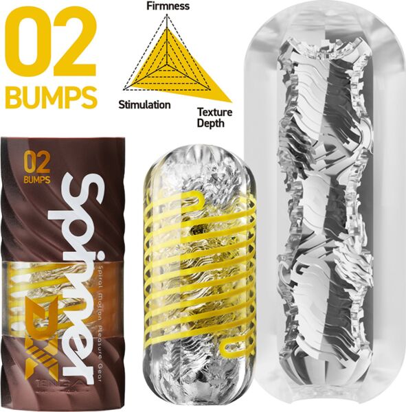 Masturbador Tenga Spinner DX 02 Bumps con su estuche y soporte de secado