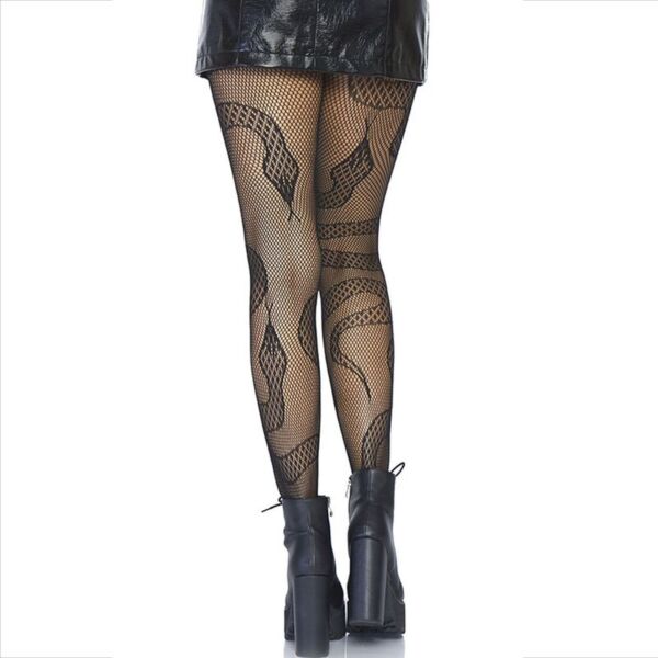 Medias de red Leg Avenue Snake Net Tights negras, con serpientes de encaje sobre la rejilla