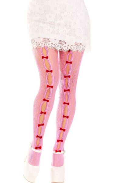 Medias de rejilla Leg Avenue Sweetheart Striped, a rayas con corazones y mini lazos