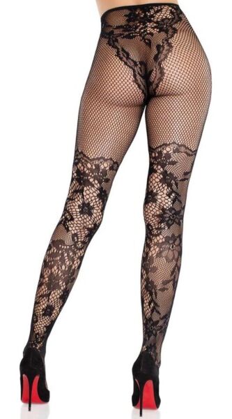 Panty de encaje Leg Avenue Dahlia Lace Tights en negro, con encaje floral y red en el muslo