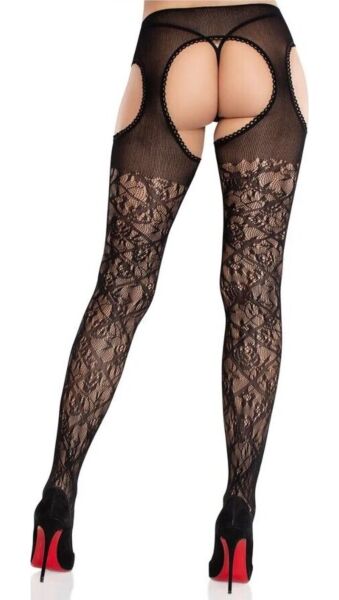 Medias con liguero integrado Leg Avenue Amaya, de encaje floral negro