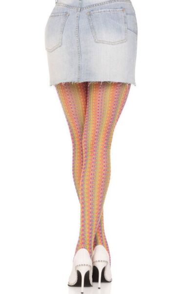 Medias tipo panty de rejilla Leg Avenue Acadia Rainbow, con patrón arcoíris multicolor