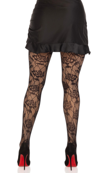 Medias panty de red negras Leg Avenue Wild Rose, con malla de rombos y dibujo de rosas