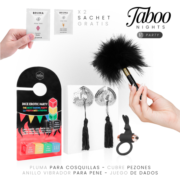 Pack erótico Taboo Nights 5: Party con juego de dados, anillo vibrador, cubrepezones, plumero y geles lubricantes