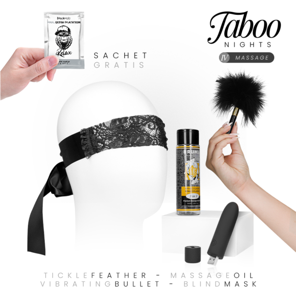 Pack Taboo Nights 4 Massage con aceite Bruma, bala vibradora Geri, antifaz, pluma y gel anal Black Hole