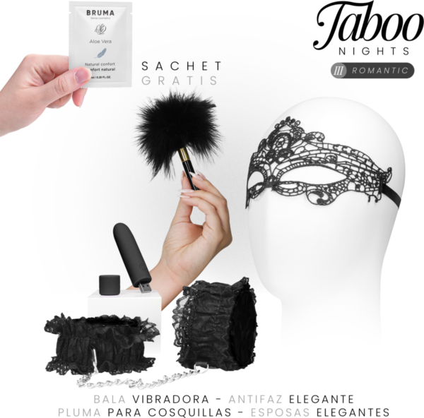 Pack Taboo Nights 3 Romantic Dreamkit con antifaz, bala vibradora, muñequeras de encaje negro, plumas y gel deslizante