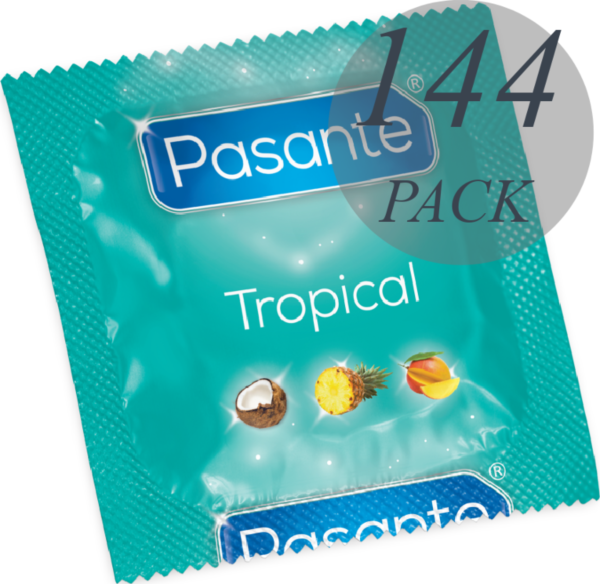 Caja de 144 preservativos Pasante Tropical con sabores de mango, piña y coco