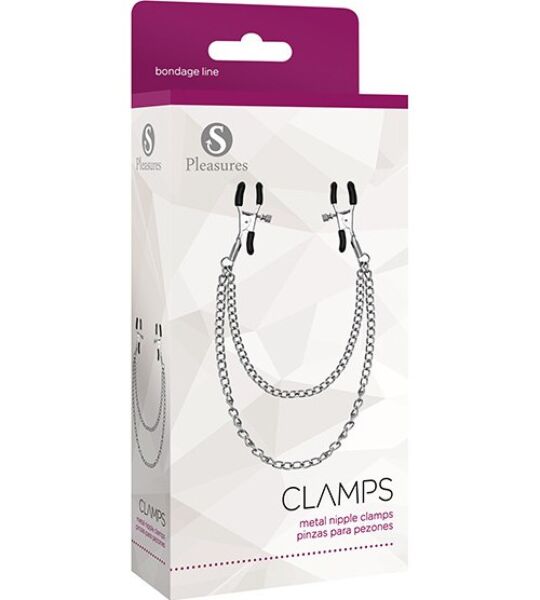 Pinzas para pezones S Pleasures Metal Nipple Clamps plateadas, unidas por su cadena