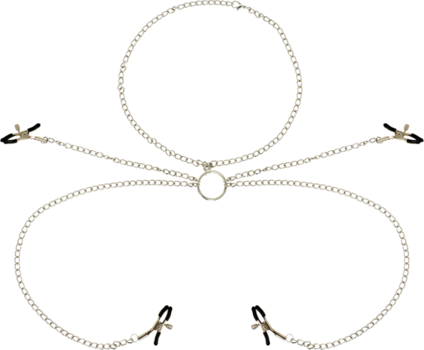 Pinzas para pezones Ohmama Fetish con collar, con sus cuatro pinzas y cadenas unidas por una anilla