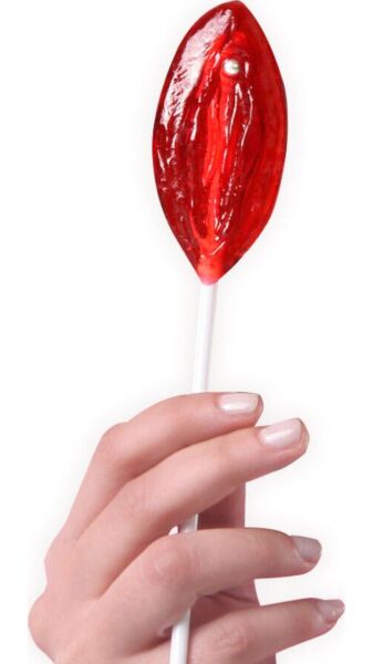 Expositor Piruleta Vulva Secret Play con 40 piruletas de gominola de fresa con forma de vulva