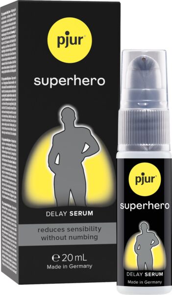 Envase de 20 ml del sérum retardante Pjur Superhero Delay Serum