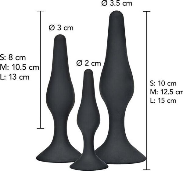 Tres plugs anales ToyJoy Curvy Companions Kit de distintos tamaños, con forma curva y base ancha
