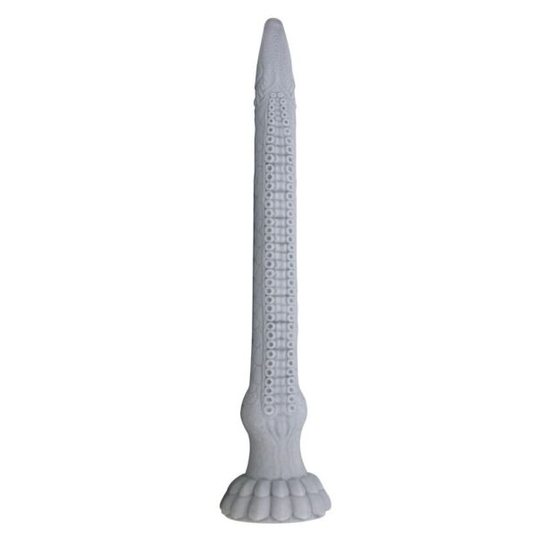 Dildo de fantasía Power Monsters Basilisk, de silicona gris piedra con relieves y base con ventosa