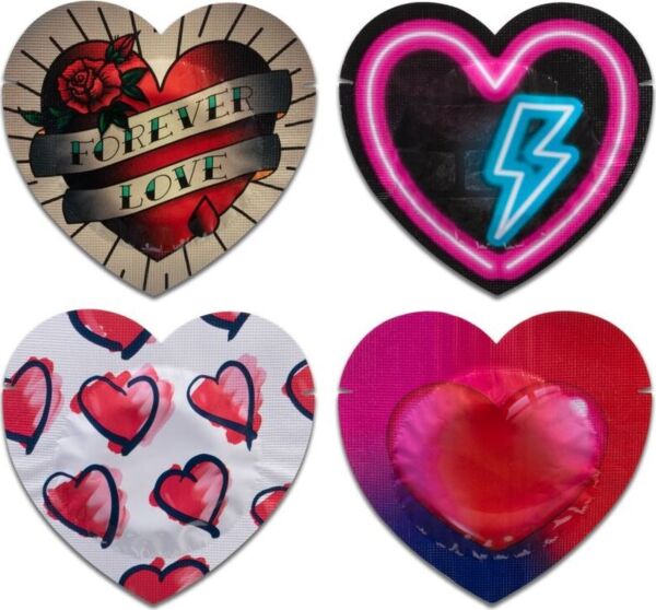 Preservativos Pasante Red Heart Shape 144, rojos y en sobres con forma de corazón