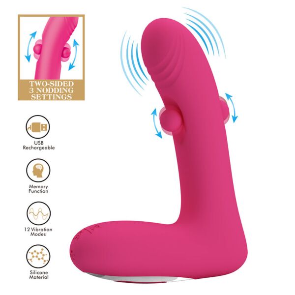 Vibrador Duden de color rosa, con cuerpo curvado y puntos móviles laterales