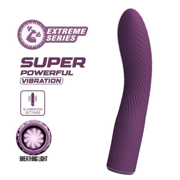 Vibrador Kissell de color morado, alargado y ligeramente curvado
