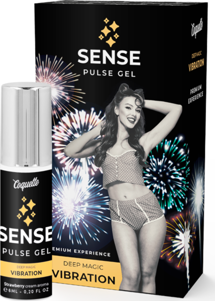 Vibrador líquido Coquette Chic Desire Sense Pulse Gel en su envase con pulverizador