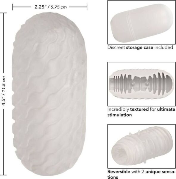 Masturbador CalExotics Boundless Reversible Ribbed Stroker blanco junto a su estuche