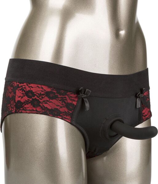 Conjunto CalExotics Scandal Crotchless Pegging Panty Set con braga abierta negra y dildo curvo