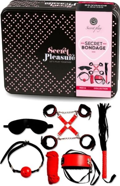 Kit BDSM Secret Bondage Rojo y Negro de Secret Play, con sus piezas de cuero sintético y la cuerda