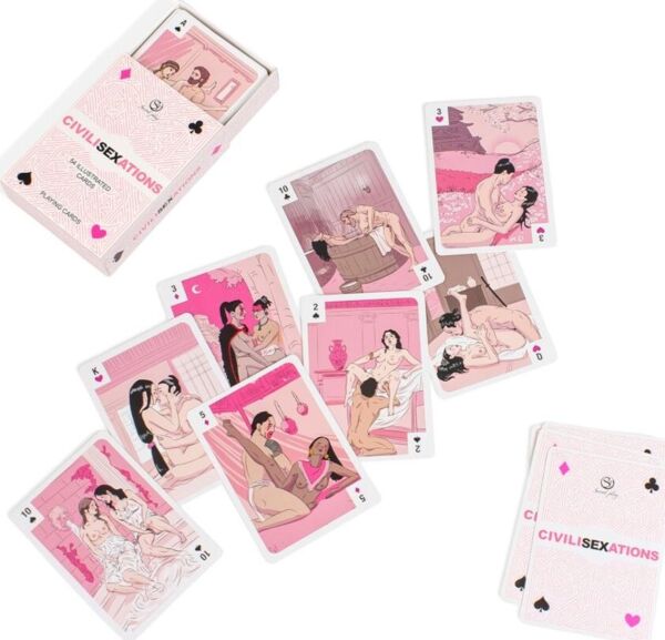 Baraja de cartas Secret Play Civilisexations con ilustraciones de cuatro civilizaciones