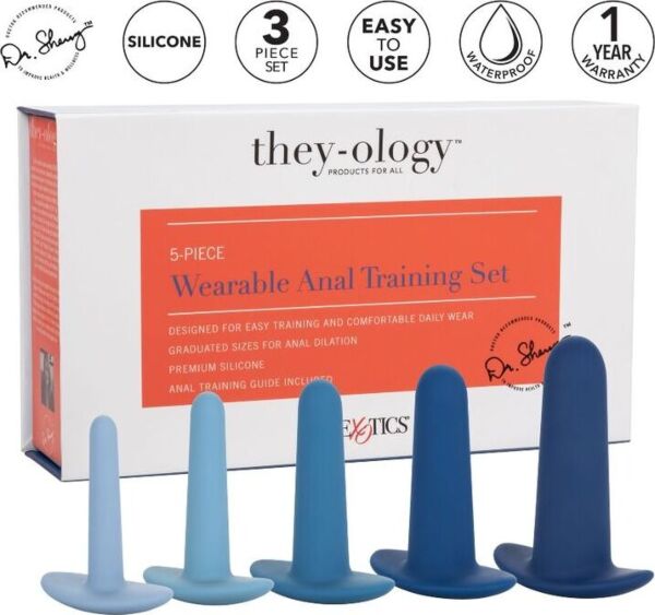 Set de dilatadores anales CalExotics They-ology 5 piezas, con las cinco sondas azules ordenadas por tamaño