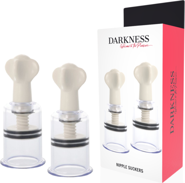 Succionadores de pezones Darkness, set de dos copas de plástico blanco y transparente con manija