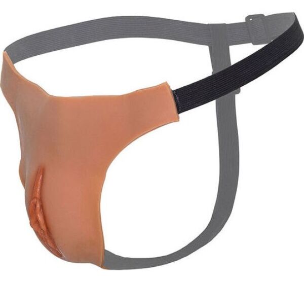 Tanga de silicona Hidden Desire Open Vagina String, en tono de piel claro, con vagina abierta y tiras ajustables