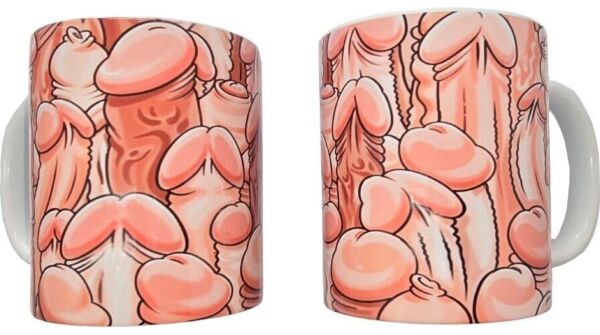 Taza de cerámica Diablo Picante Color Penis Mug con dibujos de penes de colores y asa blanca