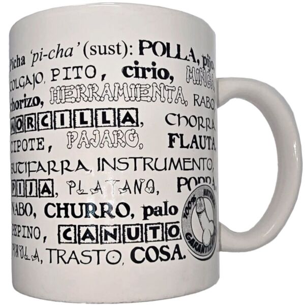 Taza de cerámica blanca Diablo Picante de 370 ml con sinónimos de pene escritos en negro