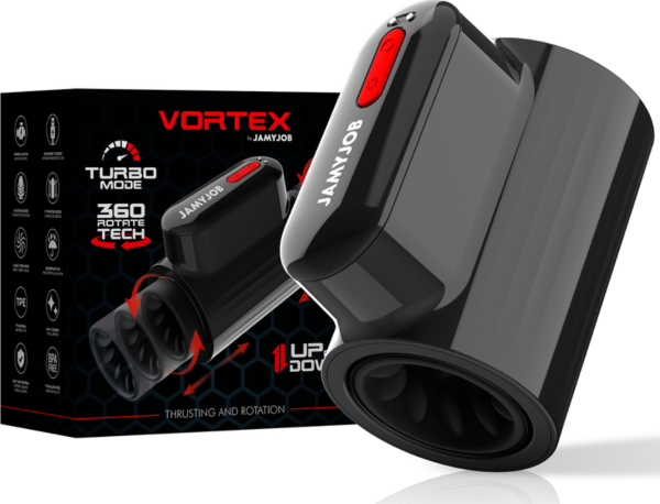 Masturbador automático Jamyjob Vortex, negro con detalles en rojo oscuro