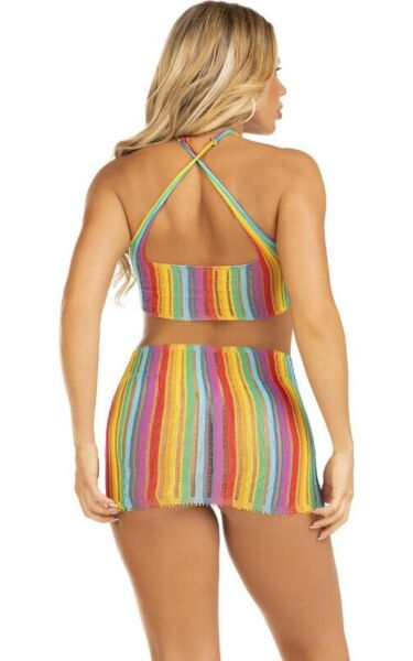 Minivestido Leg Avenue Technicolor Dream de rayas arcoíris, con cuello halter y tirantes cruzados